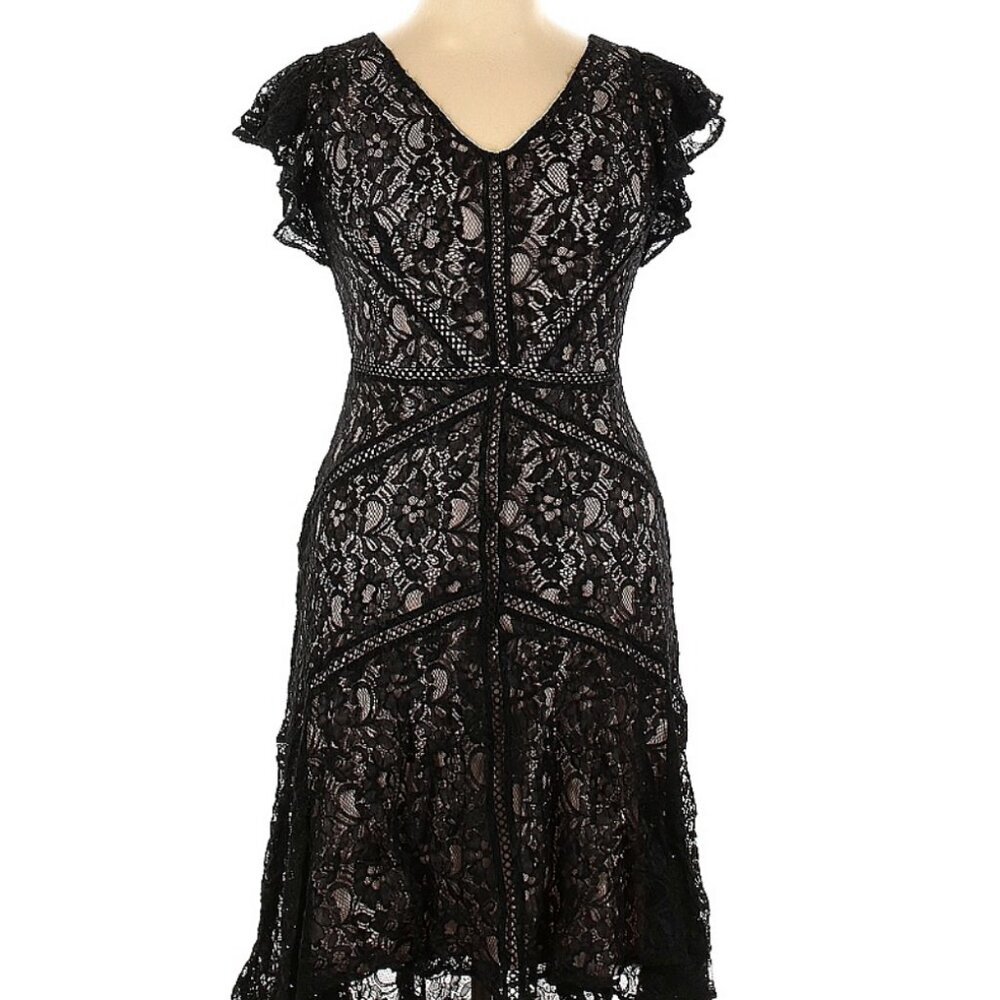 Taylor Black Lace Flutter-Sleeve Lace Dress - Size 14